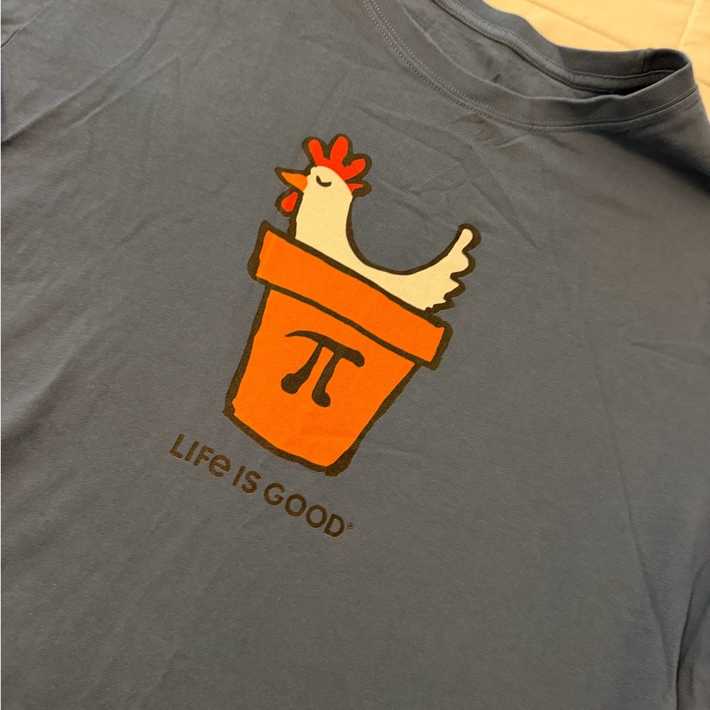 Life Is Good Gray-Blue Tee with Orange Chicken Pot Graphic